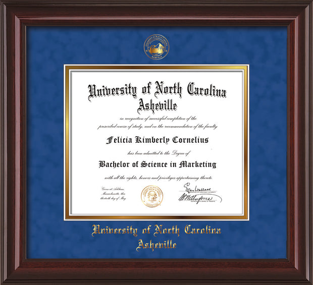 Image of University of North Carolina Asheville Diploma Frame - Mahogany Lacquer - w/Embossed UNCA Seal & Name - Royal Blue Suede on Gold mat
