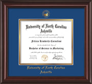 Image of University of North Carolina Asheville Diploma Frame - Mahogany Lacquer - w/Embossed UNCA Seal & Name - Royal Blue on Gold mat