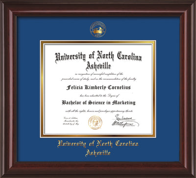 Image of University of North Carolina Asheville Diploma Frame - Mahogany Lacquer - w/Embossed UNCA Seal & Name - Royal Blue on Gold mat