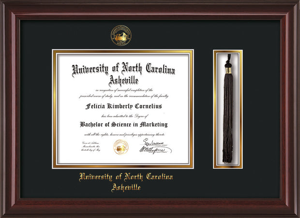 Image of University of North Carolina Asheville Diploma Frame - Mahogany Lacquer - w/Embossed UNCA Seal & Name - Tassel Holder - Black on Gold mat
