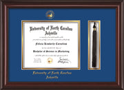 Image of University of North Carolina Asheville Diploma Frame - Mahogany Lacquer - w/Embossed UNCA Seal & Name - Tassel Holder - Royal Blue on Gold mat