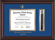 Image of University of North Carolina Asheville Diploma Frame - Mahogany Lacquer - w/Embossed UNCA Seal & Name - Tassel Holder - Royal Blue on Gold mat