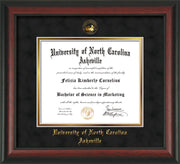 Image of University of North Carolina Asheville Diploma Frame - Rosewood - w/Embossed UNCA Seal & Name - Black Suede on Gold mat