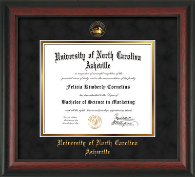 Image of University of North Carolina Asheville Diploma Frame - Rosewood - w/Embossed UNCA Seal & Name - Black Suede on Gold mat
