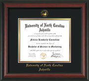 Image of University of North Carolina Asheville Diploma Frame - Rosewood - w/Embossed UNCA Seal & Name - Black on Gold mat