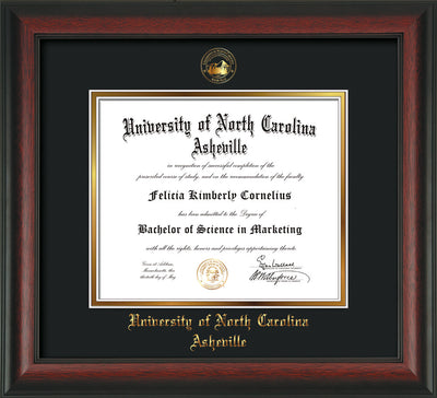Image of University of North Carolina Asheville Diploma Frame - Rosewood - w/Embossed UNCA Seal & Name - Black on Gold mat