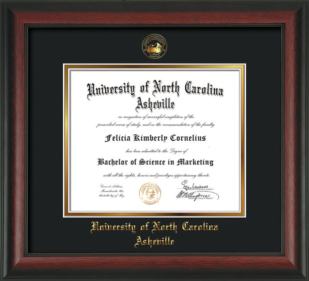 Image of University of North Carolina Asheville Diploma Frame - Rosewood - w/Embossed UNCA Seal & Name - Black on Gold mat