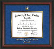 Image of University of North Carolina Asheville Diploma Frame - Rosewood - w/Embossed UNCA Seal & Name - Royal Blue Suede on Gold mat