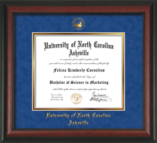 Image of University of North Carolina Asheville Diploma Frame - Rosewood - w/Embossed UNCA Seal & Name - Royal Blue Suede on Gold mat