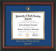 Image of University of North Carolina Asheville Diploma Frame - Rosewood - w/Embossed UNCA Seal & Name - Royal Blue on Gold mat