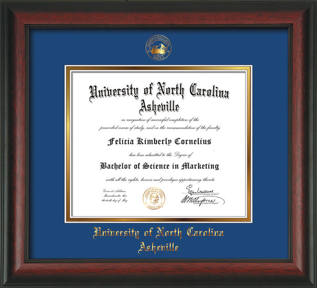 Image of University of North Carolina Asheville Diploma Frame - Rosewood - w/Embossed UNCA Seal & Name - Royal Blue on Gold mat