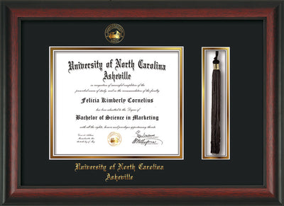 Image of University of North Carolina Asheville Diploma Frame - Rosewood - w/Embossed UNCA Seal & Name - Tassel Holder - Black on Gold mat