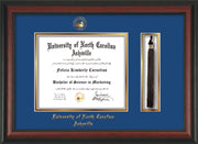 Image of University of North Carolina Asheville Diploma Frame - Rosewood - w/Embossed UNCA Seal & Name - Tassel Holder - Royal Blue on Gold mat
