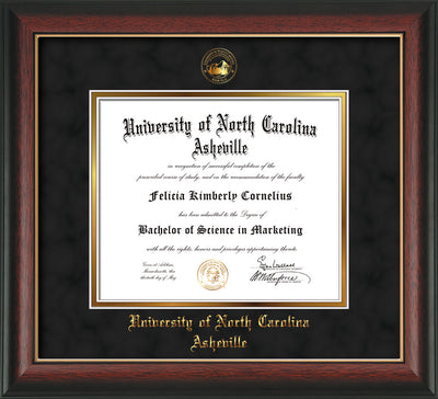 Image of University of North Carolina Asheville Diploma Frame - Rosewood w/Gold Lip - w/Embossed UNCA Seal & Name - Black Suede on Gold mat