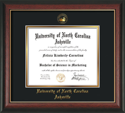 Image of University of North Carolina Asheville Diploma Frame - Rosewood w/Gold Lip - w/Embossed UNCA Seal & Name - Black on Gold mat