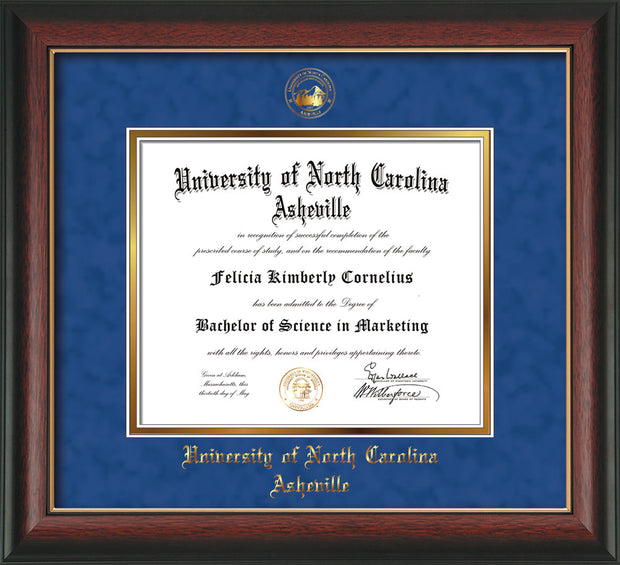 Image of University of North Carolina Asheville Diploma Frame - Rosewood w/Gold Lip - w/Embossed UNCA Seal & Name - Royal Blue Suede on Gold mat