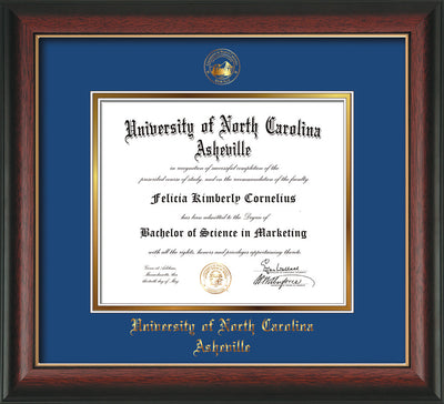 Image of University of North Carolina Asheville Diploma Frame - Rosewood w/Gold Lip - w/Embossed UNCA Seal & Name - Royal Blue on Gold mat