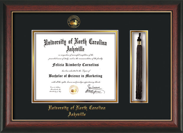 Image of University of North Carolina Asheville Diploma Frame - Rosewood w/Gold Lip - w/Embossed UNCA Seal & Name - Tassel Holder - Black on Gold mat