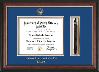 Image of University of North Carolina Asheville Diploma Frame - Rosewood w/Gold Lip - w/Embossed UNCA Seal & Name - Tassel Holder - Royal Blue on Gold mat