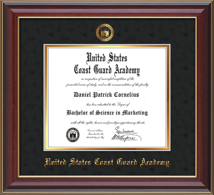 Image of United States Coast Guard Academy Diploma Frame - Cherry Lacquer - w/USCGA Embossed Seal & Name - Black Suede on Gold mat