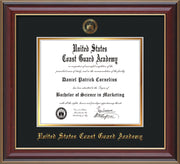 Image of United States Coast Guard Academy Diploma Frame - Cherry Lacquer - w/USCGA Embossed Seal & Name - Black on Gold mat