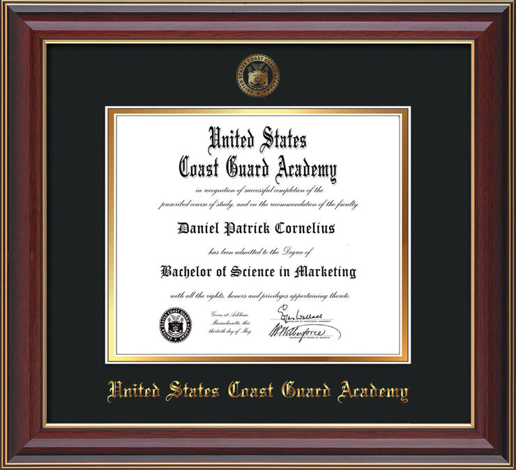 Image of United States Coast Guard Academy Diploma Frame - Cherry Lacquer - w/USCGA Embossed Seal & Name - Black on Gold mat