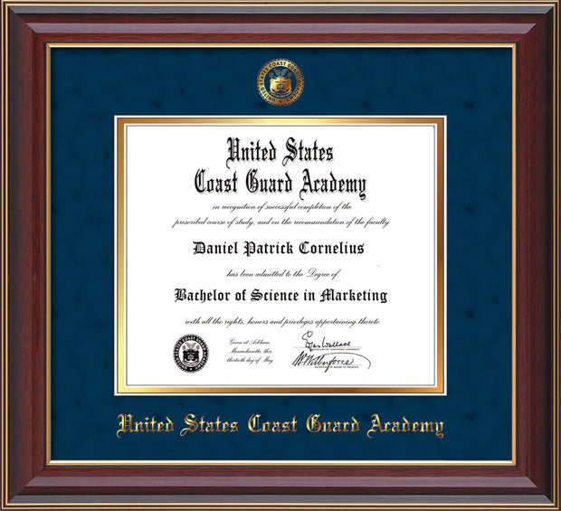 Image of United States Coast Guard Academy Diploma Frame - Cherry Lacquer - w/USCGA Embossed Seal & Name - Navy Suede on Gold mat