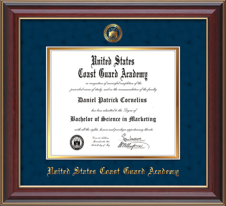 Image of United States Coast Guard Academy Diploma Frame - Cherry Lacquer - w/USCGA Embossed Seal & Name - Navy Suede on Gold mat
