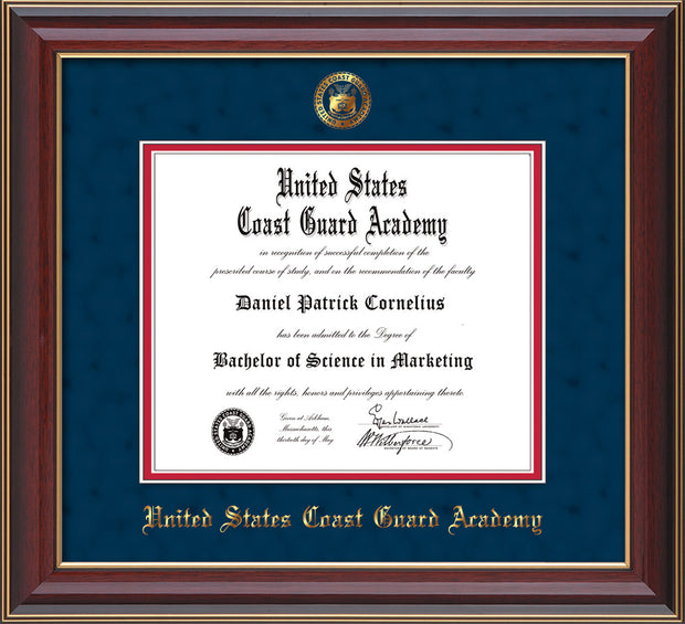 Image of United States Coast Guard Academy Diploma Frame - Cherry Lacquer - w/USCGA Embossed Seal & Name - Navy Suede on Red mat