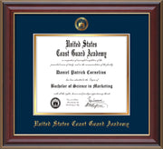 Image of United States Coast Guard Academy Diploma Frame - Cherry Lacquer - w/USCGA Embossed Seal & Name - Navy on Gold mat