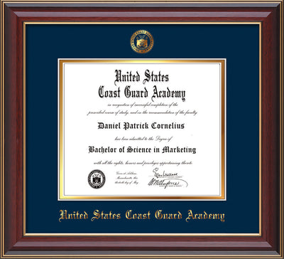 Image of United States Coast Guard Academy Diploma Frame - Cherry Lacquer - w/USCGA Embossed Seal & Name - Navy on Gold mat