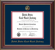 Image of United States Coast Guard Academy Diploma Frame - Cherry Lacquer - w/USCGA Embossed Seal & Name - Navy on Red mat