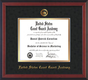Image of United States Coast Guard Academy Diploma Frame - Cherry Reverse - w/USCGA Embossed Seal & Name - Black Suede on Gold mat
