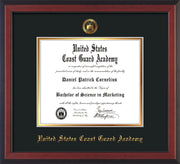 Image of United States Coast Guard Academy Diploma Frame - Cherry Reverse - w/USCGA Embossed Seal & Name - Black on Gold mat