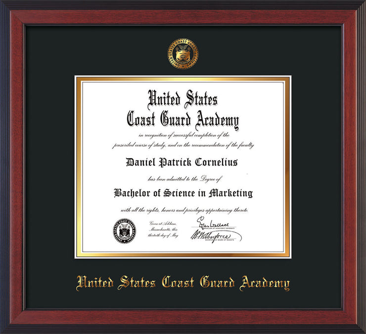 Image of United States Coast Guard Academy Diploma Frame - Cherry Reverse - w/USCGA Embossed Seal & Name - Black on Gold mat