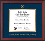Image of United States Coast Guard Academy Diploma Frame - Cherry Reverse - w/USCGA Embossed Seal & Name - Navy Suede on Gold mat