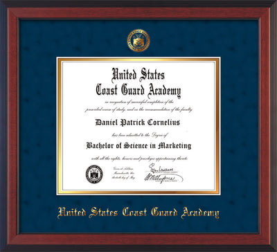 Image of United States Coast Guard Academy Diploma Frame - Cherry Reverse - w/USCGA Embossed Seal & Name - Navy Suede on Gold mat