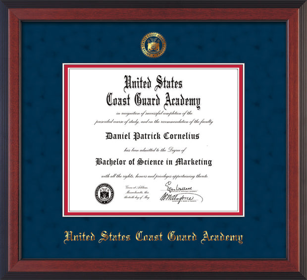 Image of United States Coast Guard Academy Diploma Frame - Cherry Reverse - w/USCGA Embossed Seal & Name - Navy Suede on Red mat