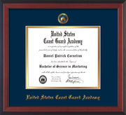 Image of United States Coast Guard Academy Diploma Frame - Cherry Reverse - w/USCGA Embossed Seal & Name - Navy on Gold mat