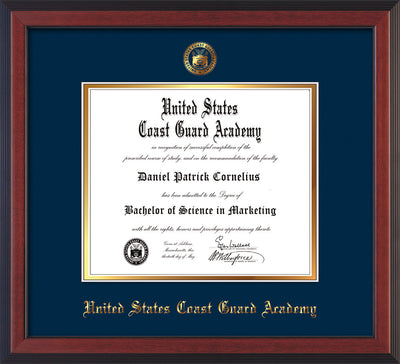 Image of United States Coast Guard Academy Diploma Frame - Cherry Reverse - w/USCGA Embossed Seal & Name - Navy on Gold mat