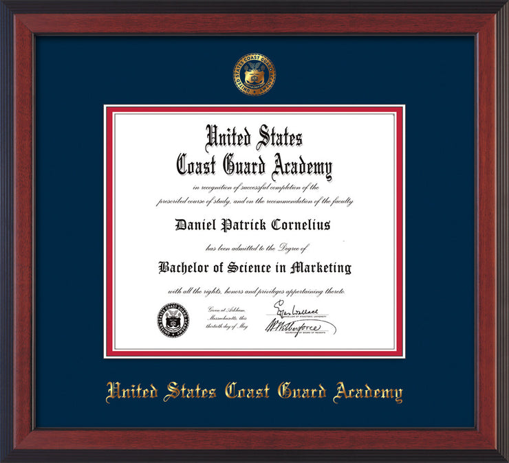 Image of United States Coast Guard Academy Diploma Frame - Cherry Reverse - w/USCGA Embossed Seal & Name - Navy on Red mat
