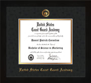 Image of United States Coast Guard Academy Diploma Frame - Flat Matte Black - w/USCGA Embossed Seal & Name - Black Suede on Gold mat