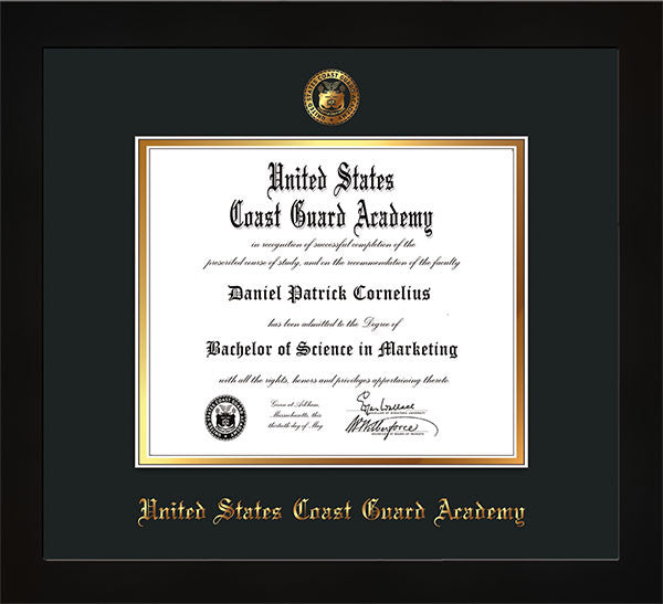 Image of United States Coast Guard Academy Diploma Frame - Flat Matte Black - w/USCGA Embossed Seal & Name - Black on Gold mat