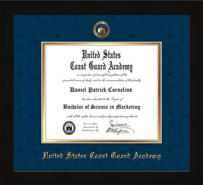 Image of United States Coast Guard Academy Diploma Frame - Flat Matte Black - w/USCGA Embossed Seal & Name - Navy Suede on Gold mat