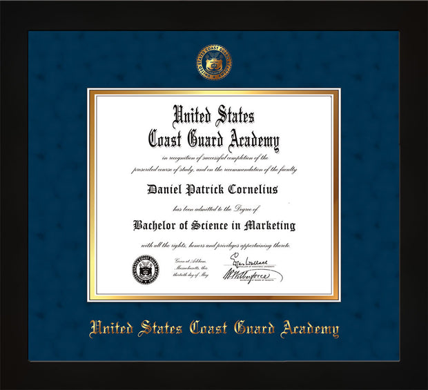 Image of United States Coast Guard Academy Diploma Frame - Flat Matte Black - w/USCGA Embossed Seal & Name - Navy Suede on Gold mat