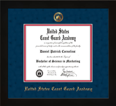 Image of United States Coast Guard Academy Diploma Frame - Flat Matte Black - w/USCGA Embossed Seal & Name - Navy Suede on Red mat