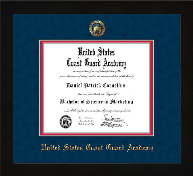 Image of United States Coast Guard Academy Diploma Frame - Flat Matte Black - w/USCGA Embossed Seal & Name - Navy Suede on Red mat