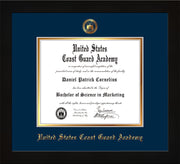 Image of United States Coast Guard Academy Diploma Frame - Flat Matte Black - w/USCGA Embossed Seal & Name - Navy on Gold mat