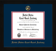 Image of United States Coast Guard Academy Diploma Frame - Flat Matte Black - w/USCGA Embossed Seal & Name - Navy on Red mat