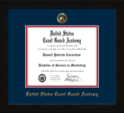 Image of United States Coast Guard Academy Diploma Frame - Flat Matte Black - w/USCGA Embossed Seal & Name - Navy on Red mat